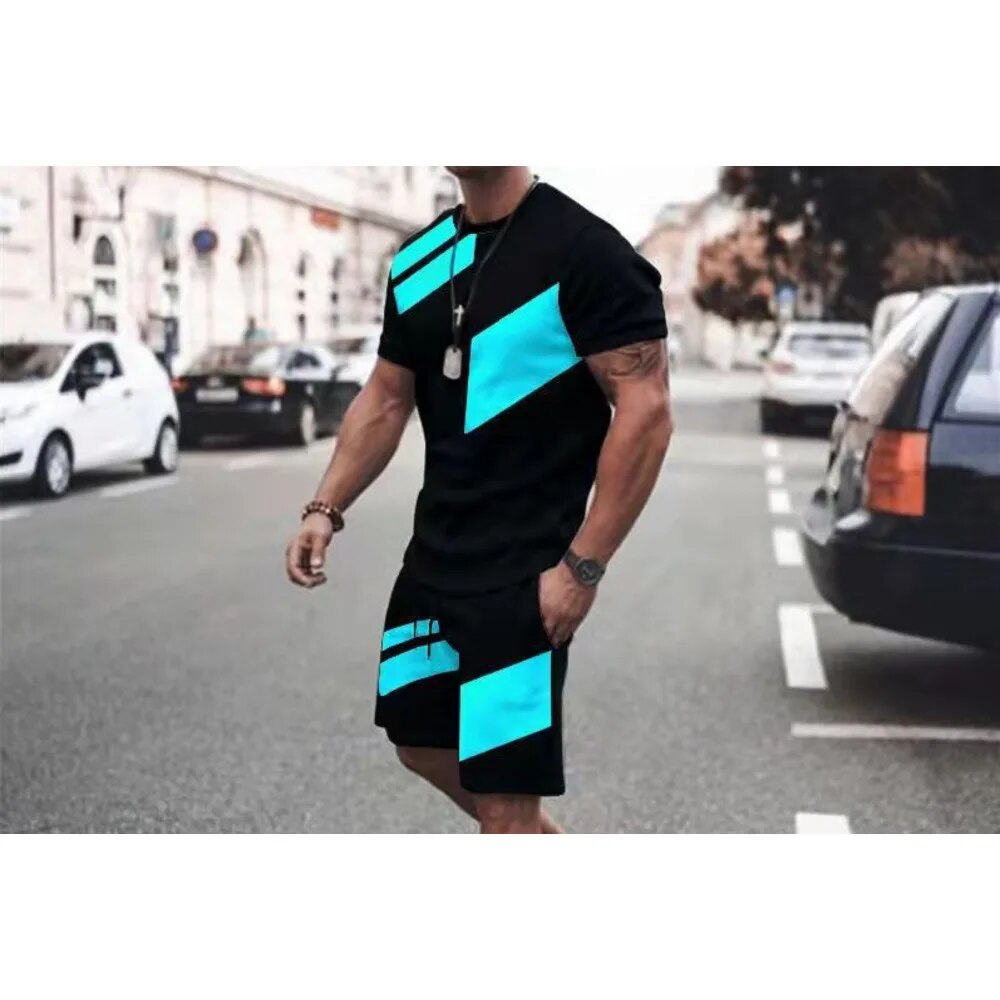 Herren 3D Kurzarm Set Sommer Fitness Sport Trend Locker Mode Lässig Rundhals T-Shirt_voghion.com