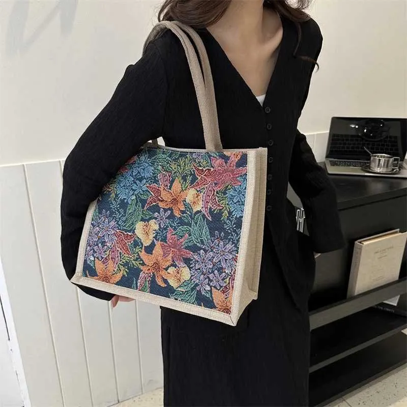Designer Tote Handbag Large Capacity Jacquard Canvas Shopper Bag_voghion.com