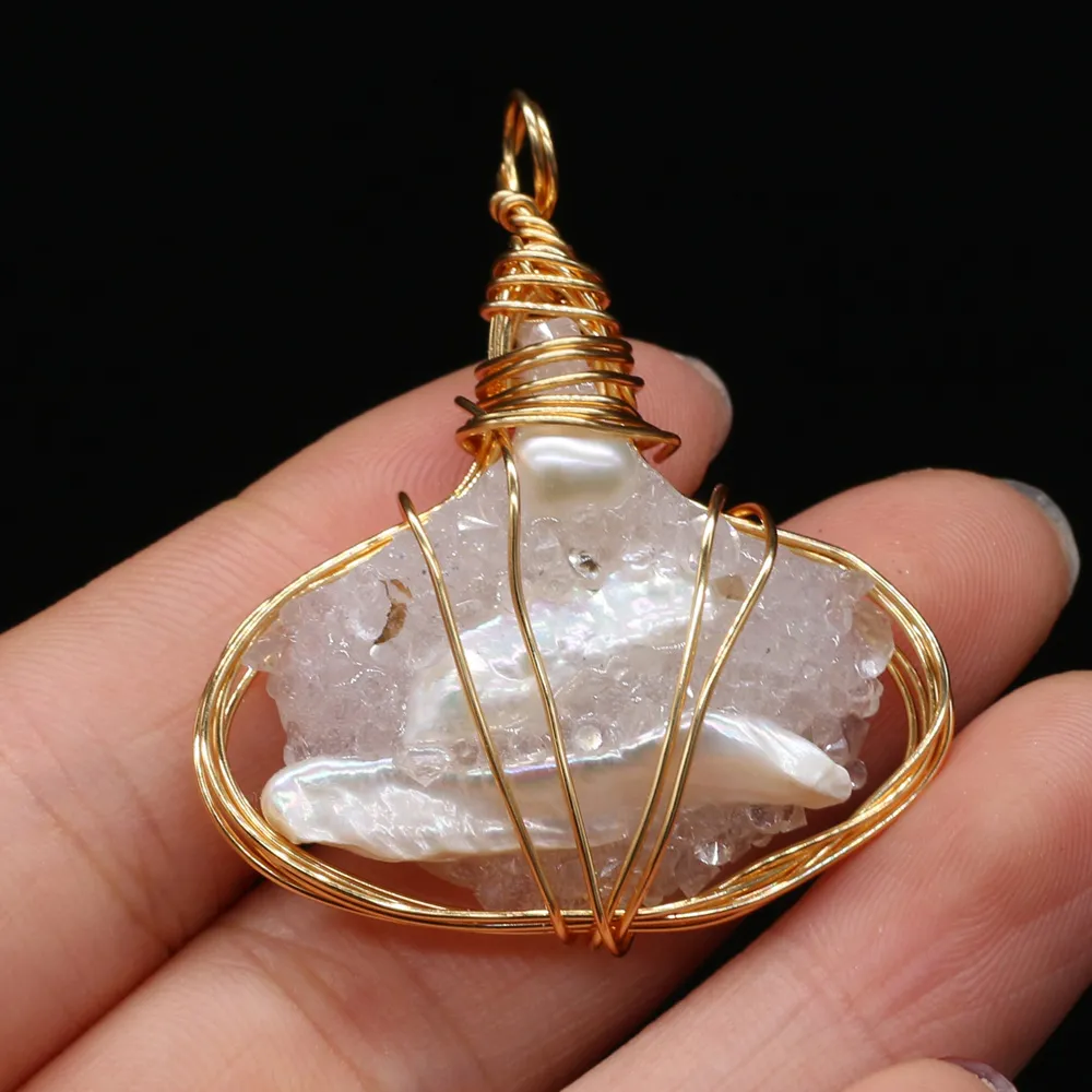Kolye Kolye Doğal Taş Druzy Kolye Reiki Heal Altın Renkli Tel Sarma Tatlı Su İncileri Takı Yapımı İçin_voghion.com