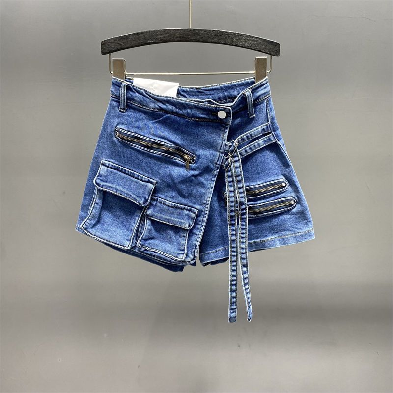 Damen-Shorts, koreanische Version, unregelmäßige Arbeitskleidung mit mehreren Taschen, A-Linien-Shorts für Damen, lockeres, weites Bein, 2024 Frühling/Sommer, neuer Jeansrock_voghion.com