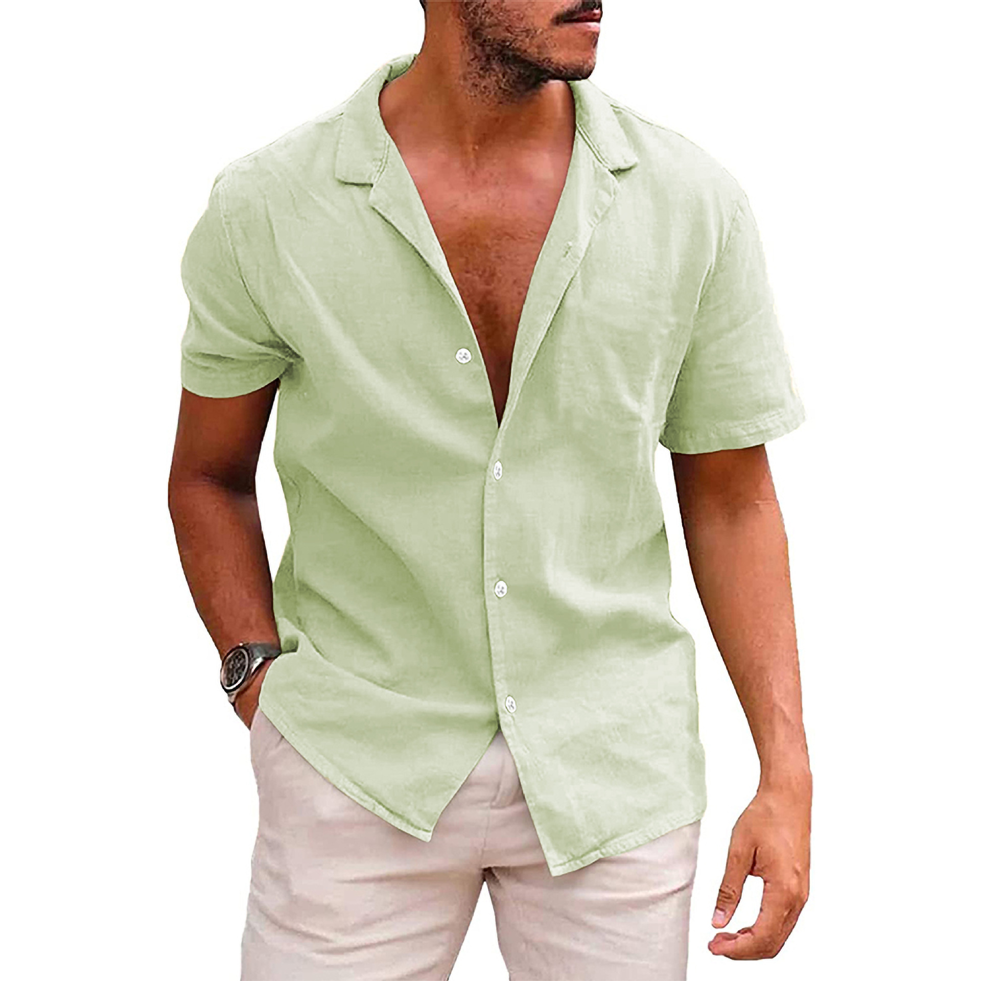Camicia da uomo in cotone e lino con bottoni a maniche corte in tinta unita con risvolto estivo_voghion.com