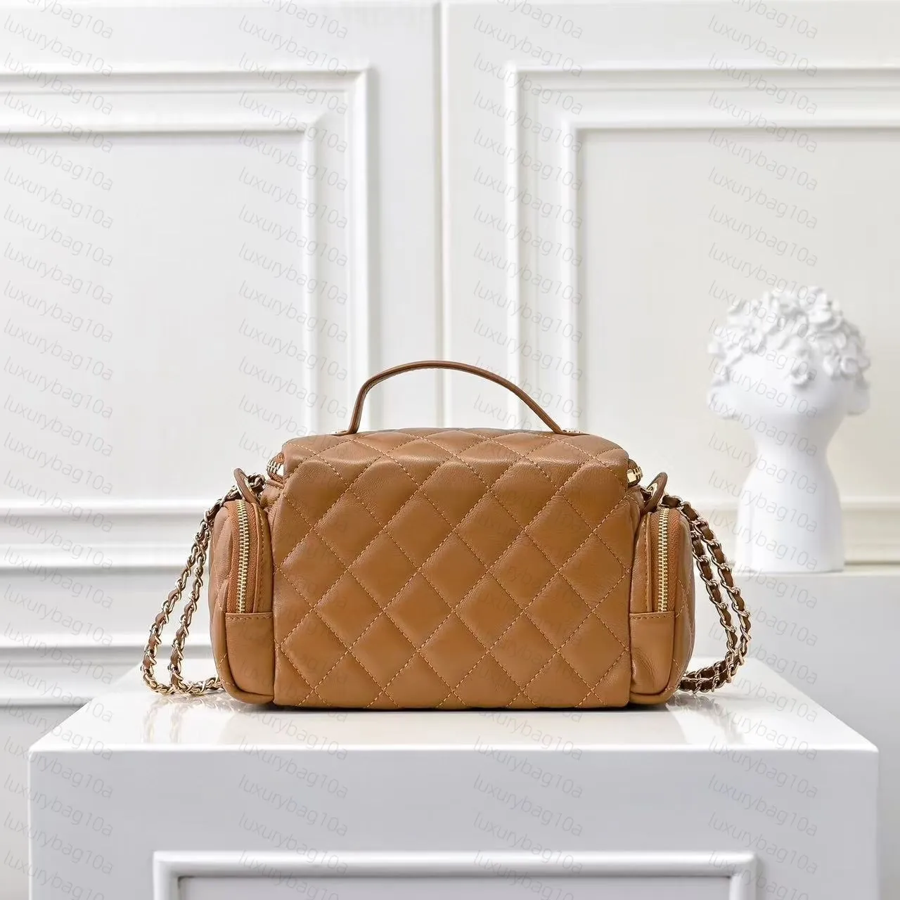 Lammfell-Kamera, gesteppt, Reißverschluss, Kosmetiktasche, tragbar, Ledergriff, Tragetasche, Make-up-Box, Gold, Matelassé_voghion.com
