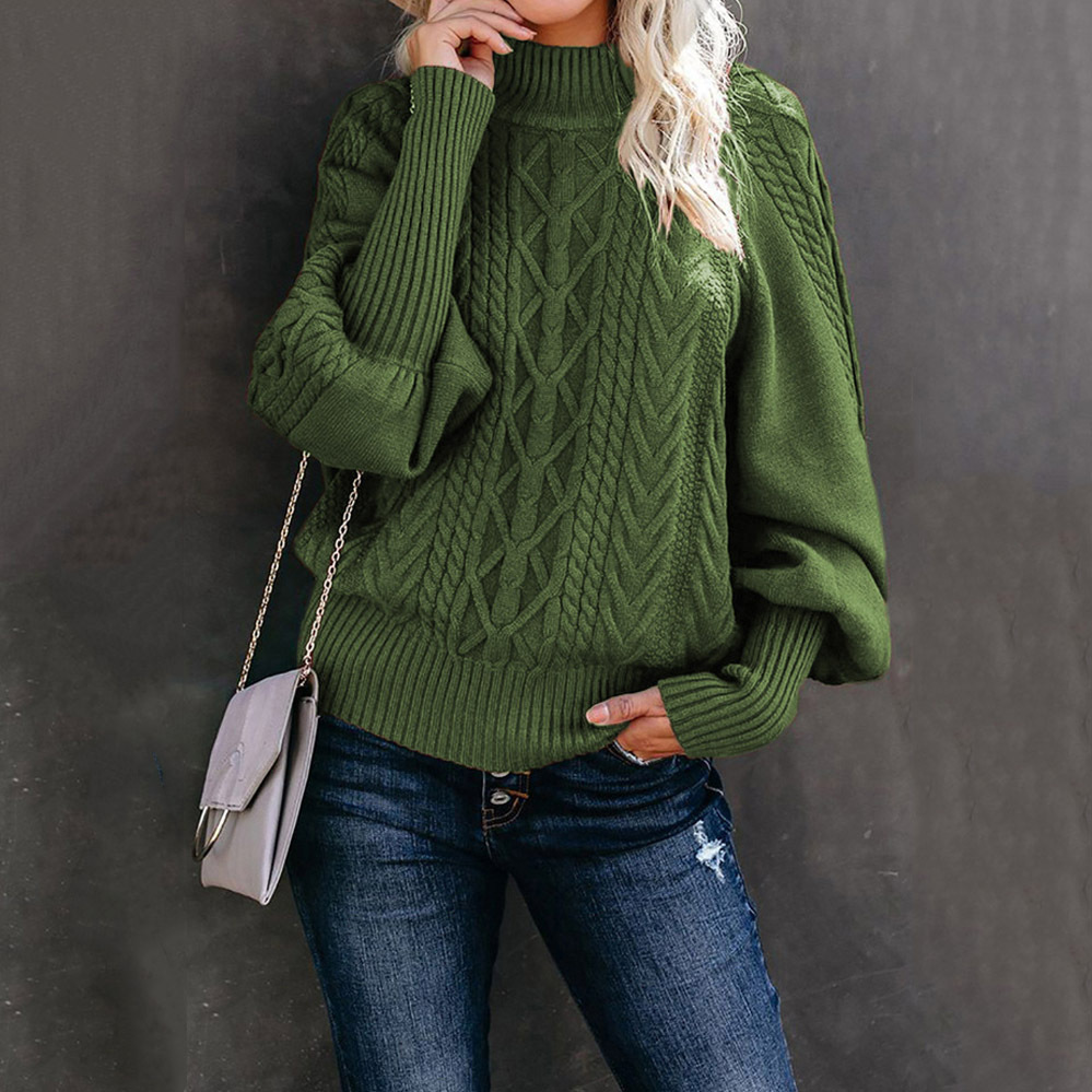 Women's mid-collar sweater for women loose long-sleeved knitted solid color sweater