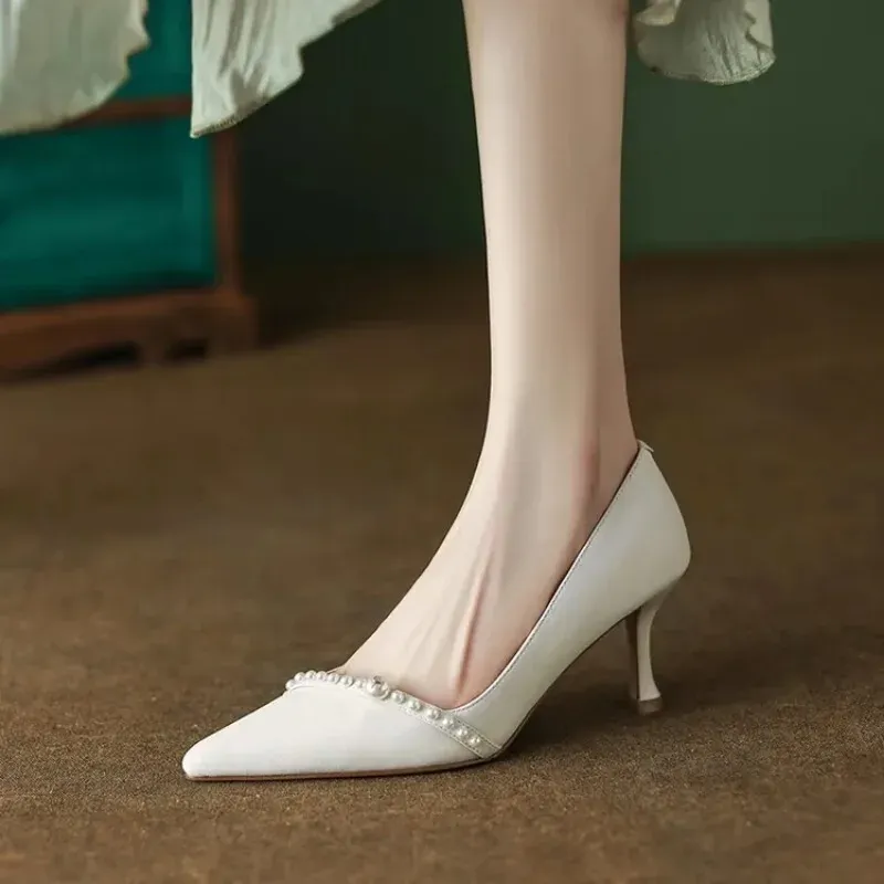 Damen Pumps Weiß Hochzeit High Spitzschuh String Bead Bootsschuhe Dünne Absätze Basic Pump Perlen Schwarz 2024 03c2_voghion.com