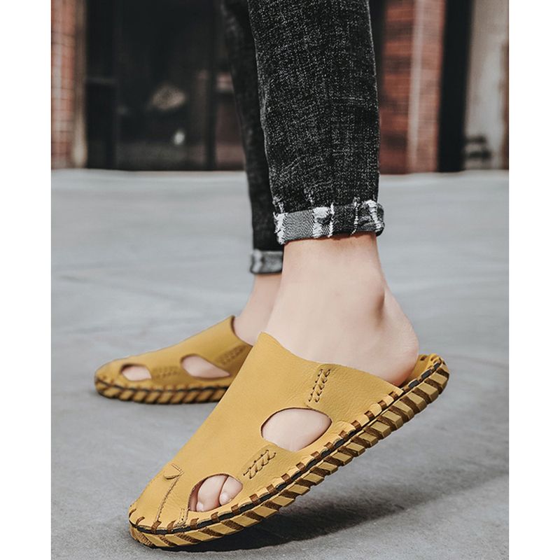 Baotou Herren Sommer Strandsandalen Leder rutschfeste Slipper Fauler Mann ohne Absatz Halbschuhe_voghion.com