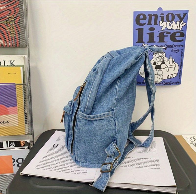 Vintage denimväska, Preppy College skoldagsresor pendlarryggsäck och laptopväska, unisexväska för vardagsbruk_voghion.com