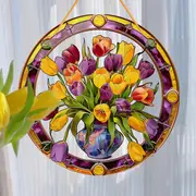 Attrape-soleil en forme de bouquet de tulipes - Art en acrylique sur vitrail de 20 cm. Décoration florale printanière pour porches ou pour une pendaison de crémaillère joyeuse._voghion.com