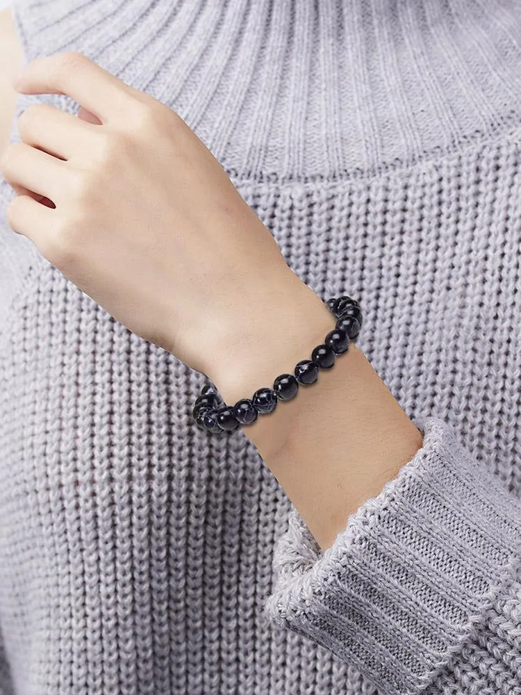 Unisex Beaded Bracelet Black Stone Temperament Style 8mm Wide_voghion.com