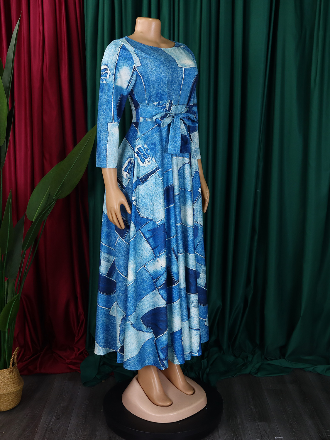 Women's Clothing  spring new fashion temperament lace up printed large size mid length skirt dress_mkmklike.com
