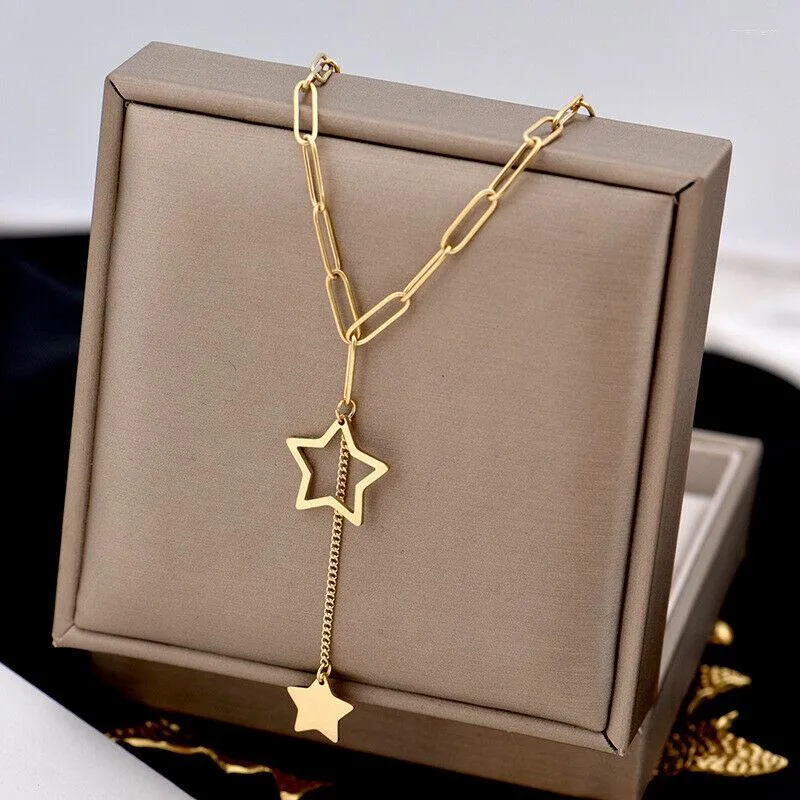 Catene 2023 Delicata Donna 14K Placcato Oro Acciaio Inossidabile Graffetta Catena Collana Stella Ciondolo Choker Nappa Collane_voghion.com