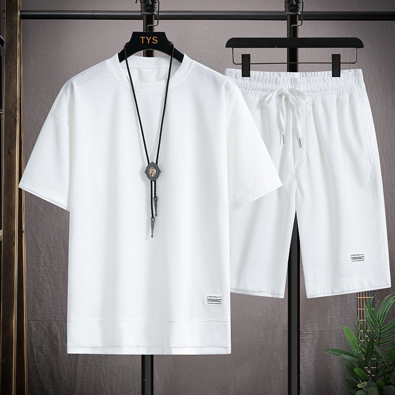 Men's Clothing Waffle T-shirt men's two-piece suit couple loose trendy large size five-point pants outdoor casual_voghion.com
