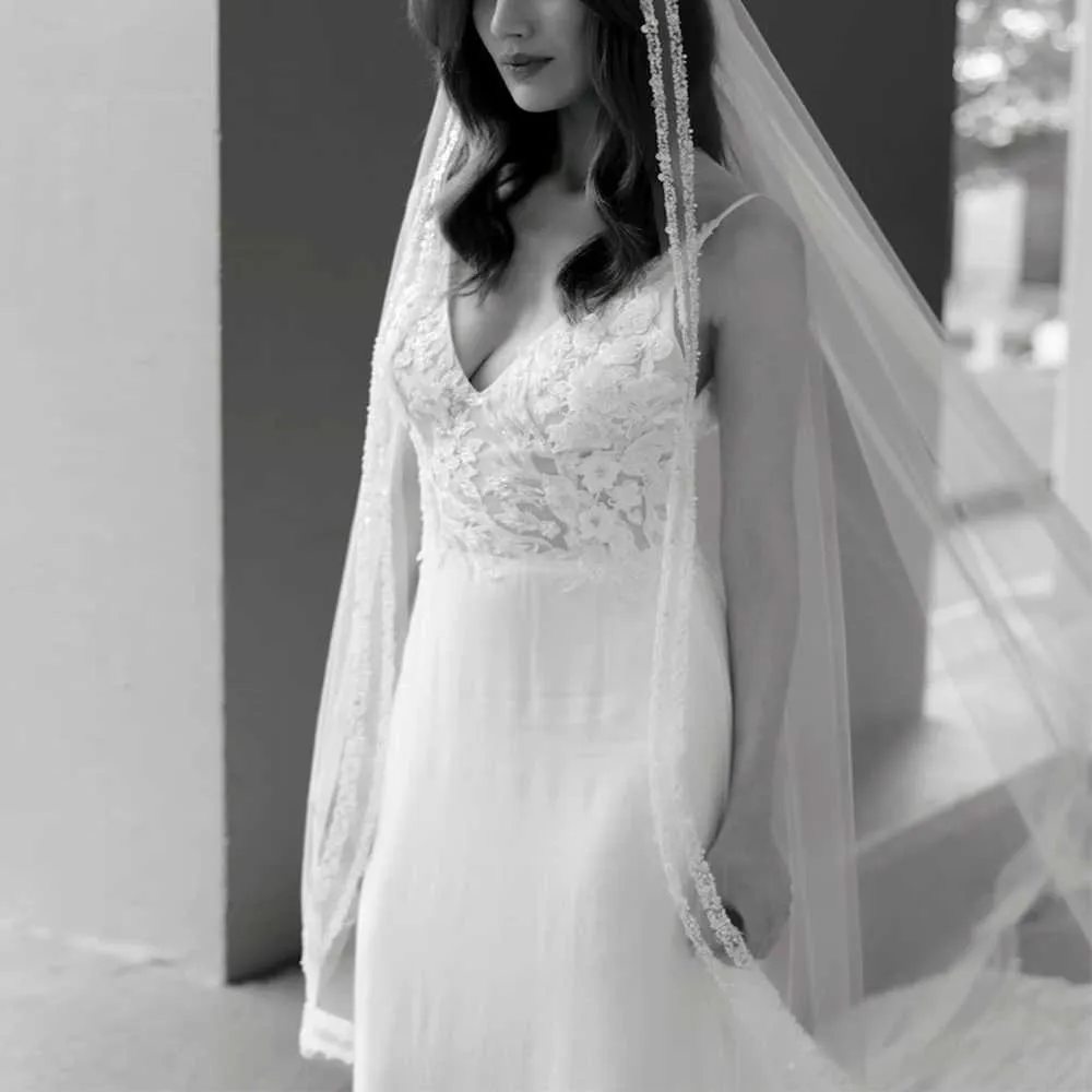 Jewelry Crystal Beaded Wedding Veils With Beading Long Cathedral 1 Tier Bridal Hair Accessories 2024 Summer VP77_voghion.com