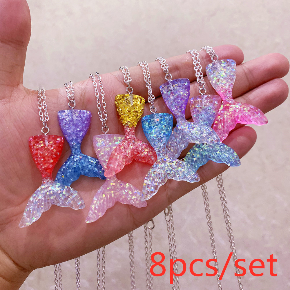 Unisex Colorful shimmer fish scale gradient mermaid tail necklace_voghion.com