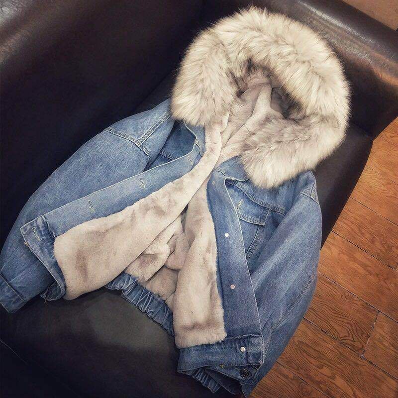 Vêtements pour femmes, hauts en jean à col en fourrure épaisse, vestes courtes amples en coton pelucheux pour femmes_voghion.com