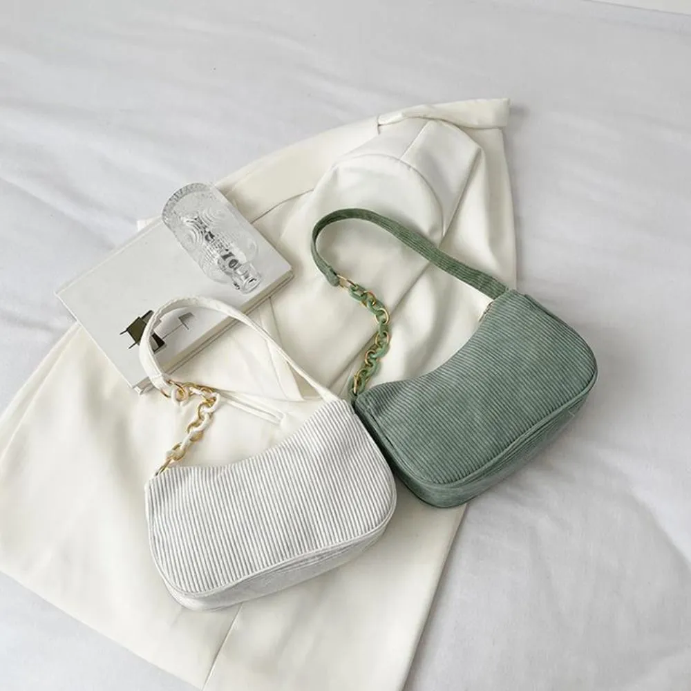 Hobo Chain Corduroy Shoulder Bag Korean Style Solid Color Crossbody Storage Makeup Lipstick Veet Underarm_voghion.com