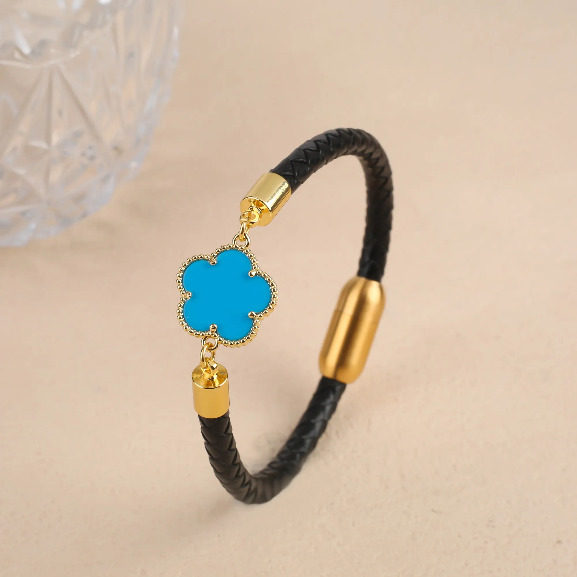 Clover Charm Leather Bracelet For Men And Women Simple Style_voghion.com