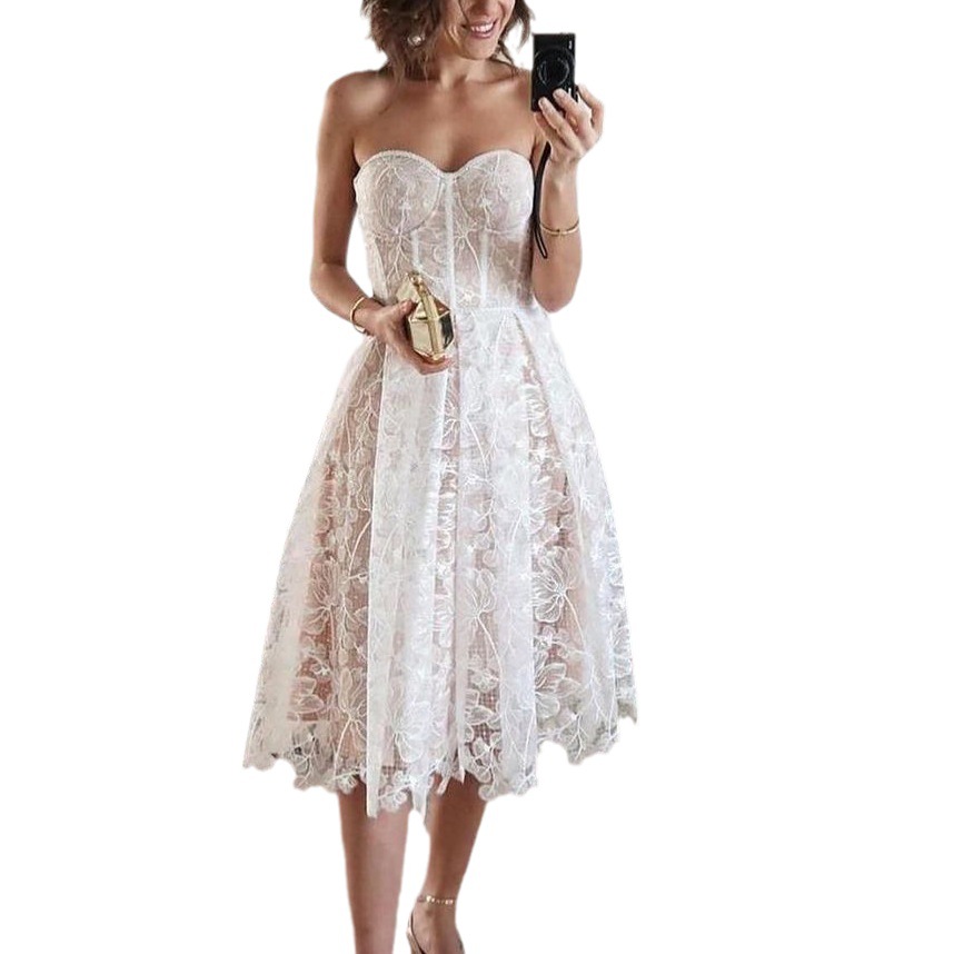Women's fashion dress sheath strapless dress Sexy embroidered lace dress_voghion.com