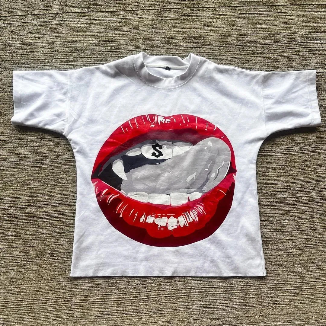 Herren T-Shirts Y2K Baumwollhemd Herren Damen Haruku Hip Hop Große Augen Mund Grafik Gedruckt Übergroß Retro Klassisch Kurz_voghion.com