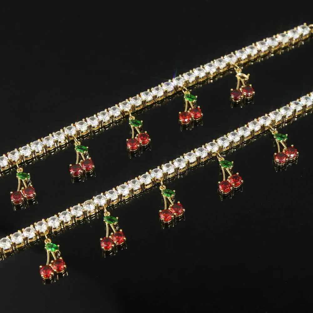 Fußkettchen Sommer Strand Eis funkelnd 5A Zirkonia Tennis süße Frucht Kirsche Halskette geeignet für Mädchen CZ Beinkette_voghion.com