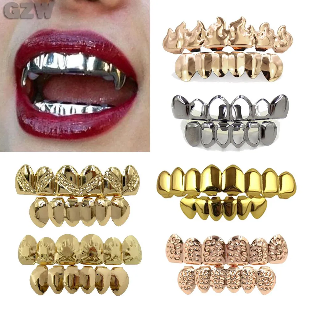 Dents en or véritable, style punk hip-hop, grillades dentaires, bouche, crocs, haut, bas, capuchon de dent, cosplay, fête, rappeur, bijoux
