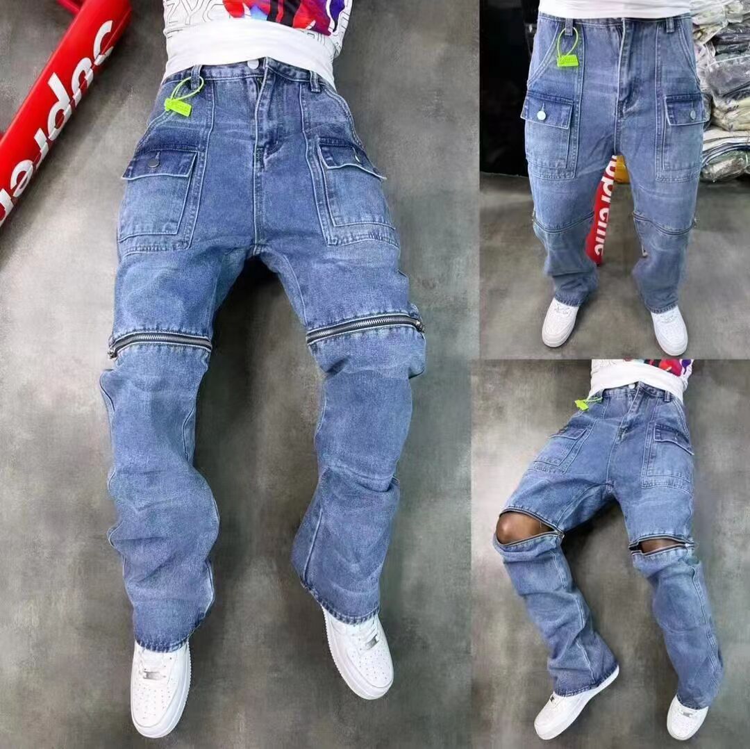 Men's Retro Blue Jeans Trendy Brand Zipper Design Detachable Niche Design Straight Trousers Trendy