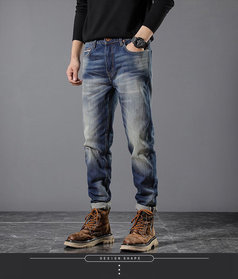 Heren Slim-fit Small Broek Herfst en Winter Red-eared Denim Rechte Broek_voghion.com