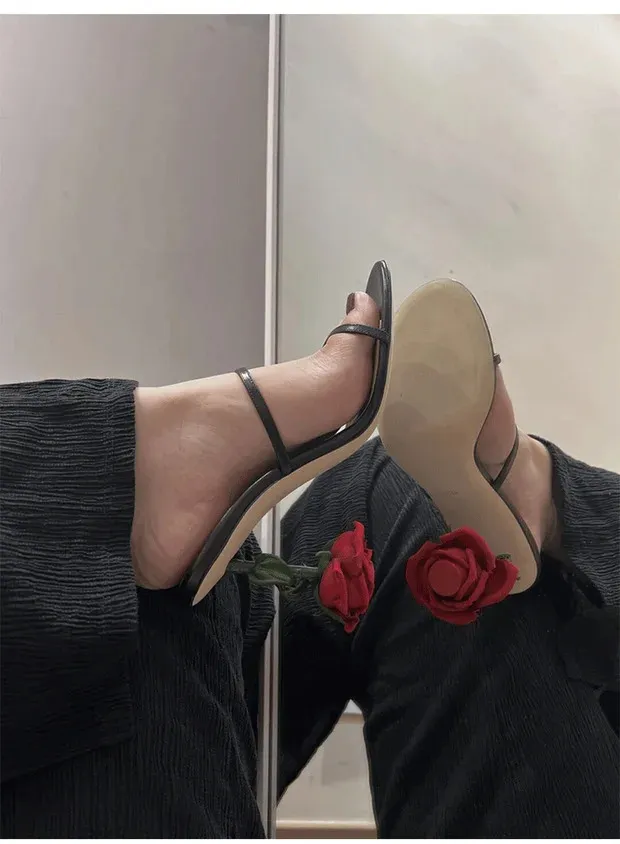 Chic Point Fashion Rose Heels Women Sandals Round Toe Slip on Pumps Summer Slippers Party Shoes 240615_voghion.com