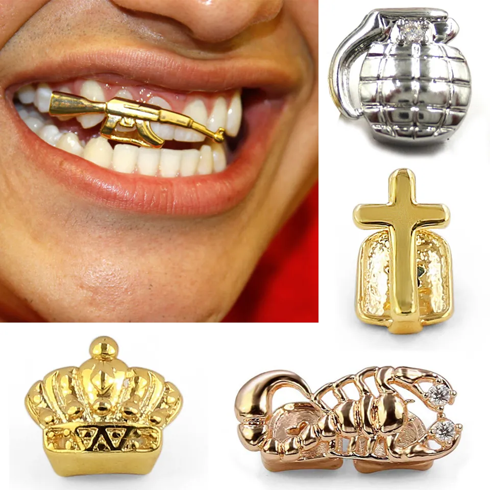 Grillz auriu cu un singur dinți, bretele, punk, hip hop, coroană, cruce, pistol, gură dentară, vampir, Fang, grilă dentară, capac dentar, costum de cosplay_voghion.com