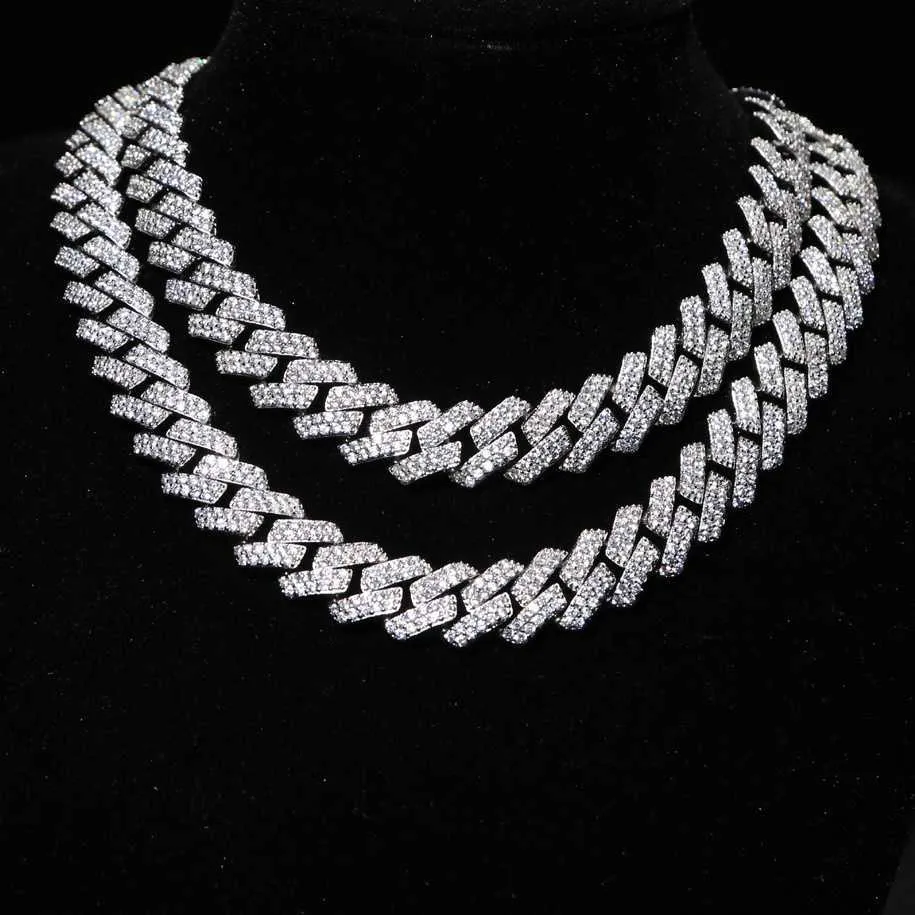 Catena a maglie cubane con doppia fila di zirconi cubici CZ con retro solido da 15 mm di larghezza e diamantata_voghion.com