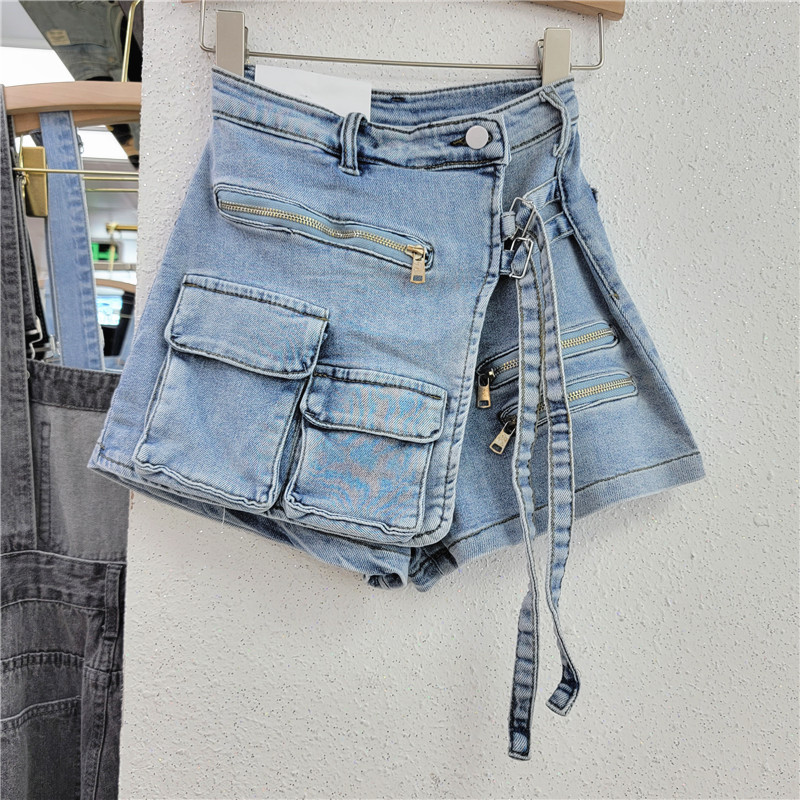damesshorts Koreaanse versie onregelmatige werkkleding met meerdere zakken A-lijn shorts dames losse wijde pijpen 2024 lente / zomer nieuwe denimrok_voghion.com