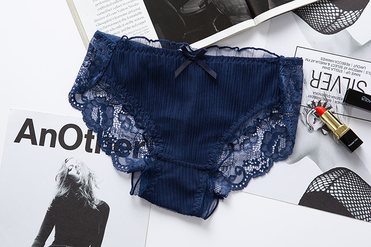 Calcinha feminina sexy rendada cintura baixa calcinha plissada com laço_voghion.com