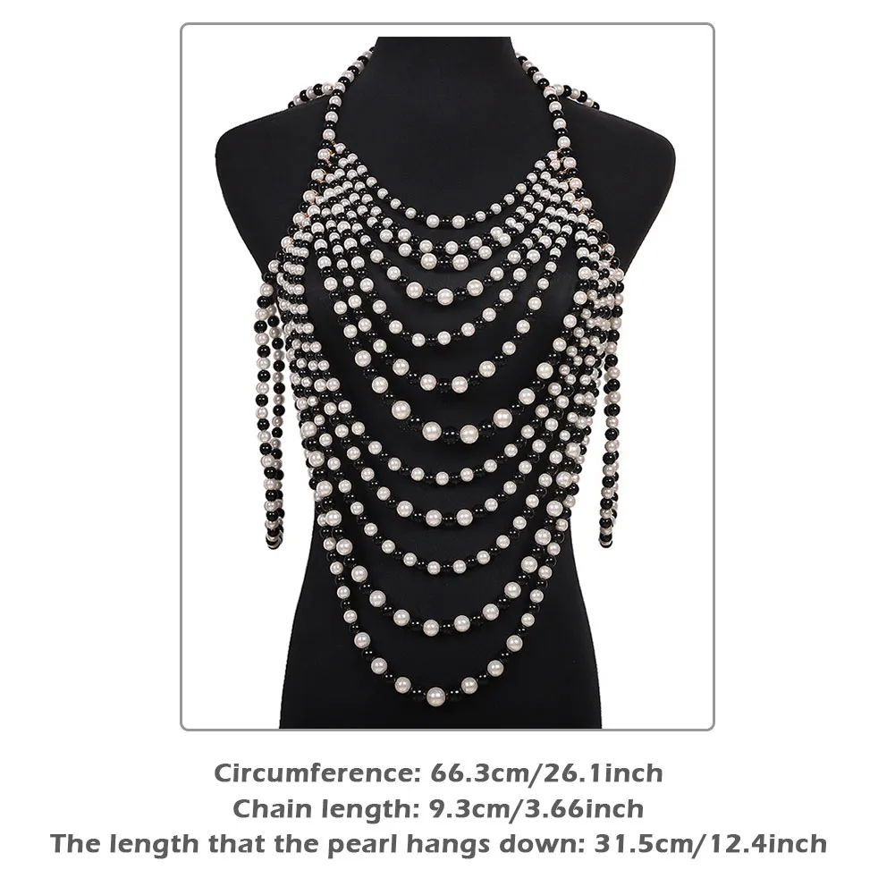 Chaînes Long Collier Blanc Noir Femmes Taille Réglable Bijoux En Plastique Perle Corps Chaîne Anniversaire Épaule_voghion.com
