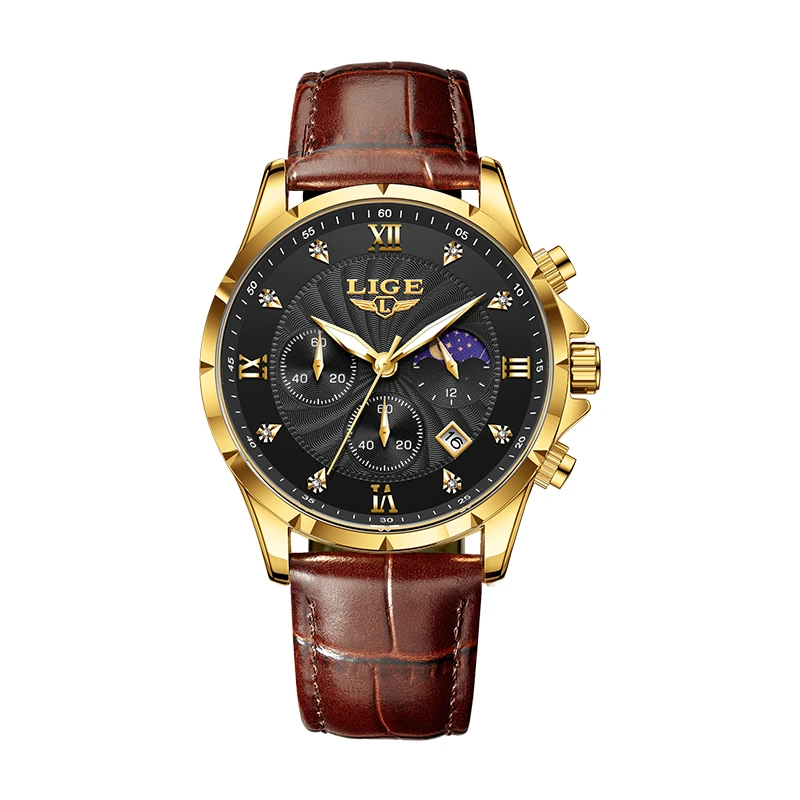 Men's Luxury Quartz Watch With Moon Phase Leather Strap Date_voghion.com