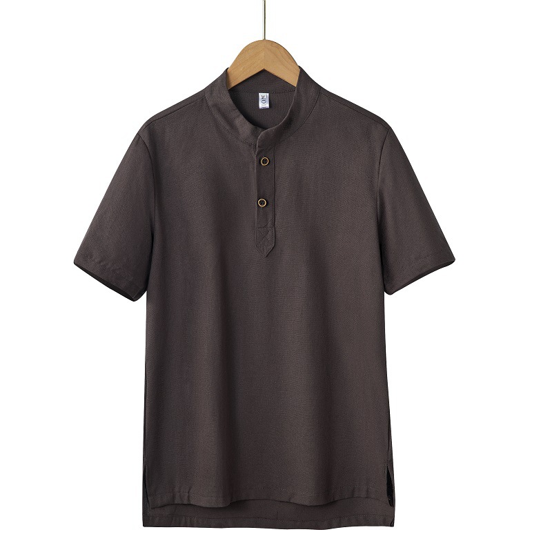 Men's Clothing  shirt solid color men's foreign trade men's summer men's cotton and linen casual shirt half placket stand collar new_voghion.com