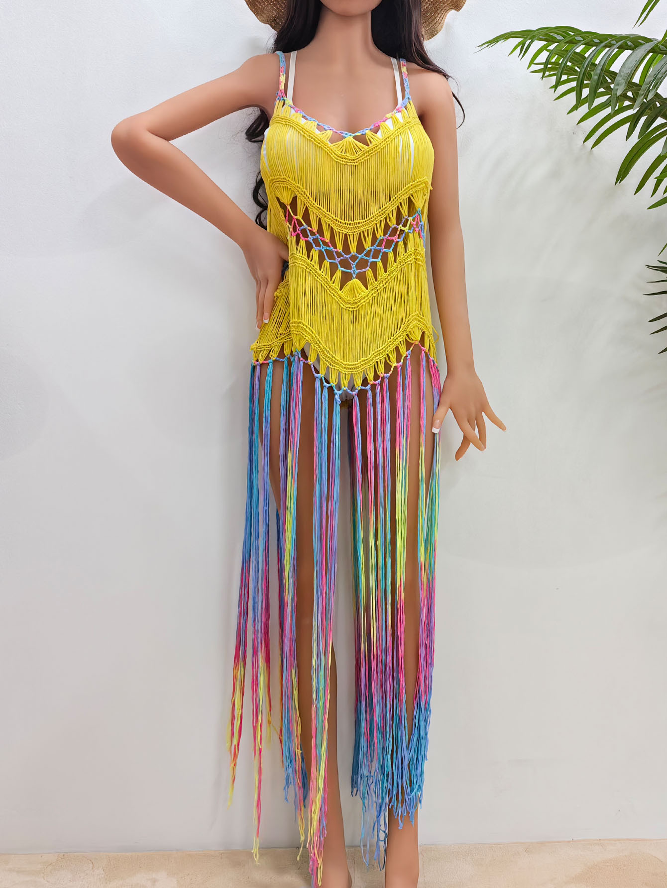 Women's Clothing Women's beach vacation blouse women's clothing pure hand-crocheted dyed tassel skirt random gradient suspender skirt_voghion.com