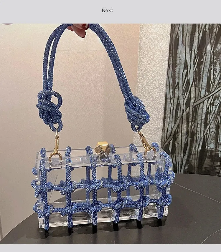 Dia átlátszó akril dobozos esti kuplungtáskák női butik szőtt csomózott kötél rhie pénztárcák és kézitáskák esküvői parti_voghion.com