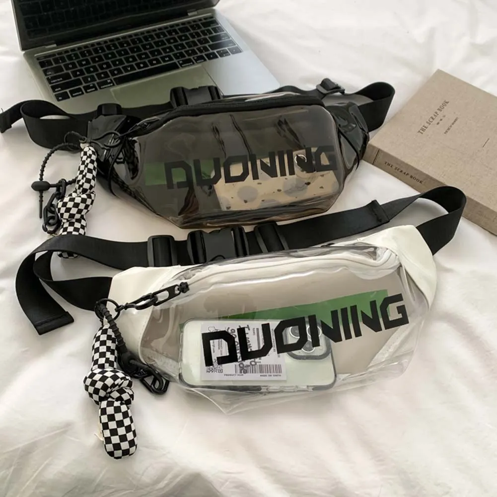 Fashion Fanny Packs Unisex Clear PVC Waist Pouch Multi-functional Letter Printed With Pendant Adjustable Buckle Strap_voghion.com