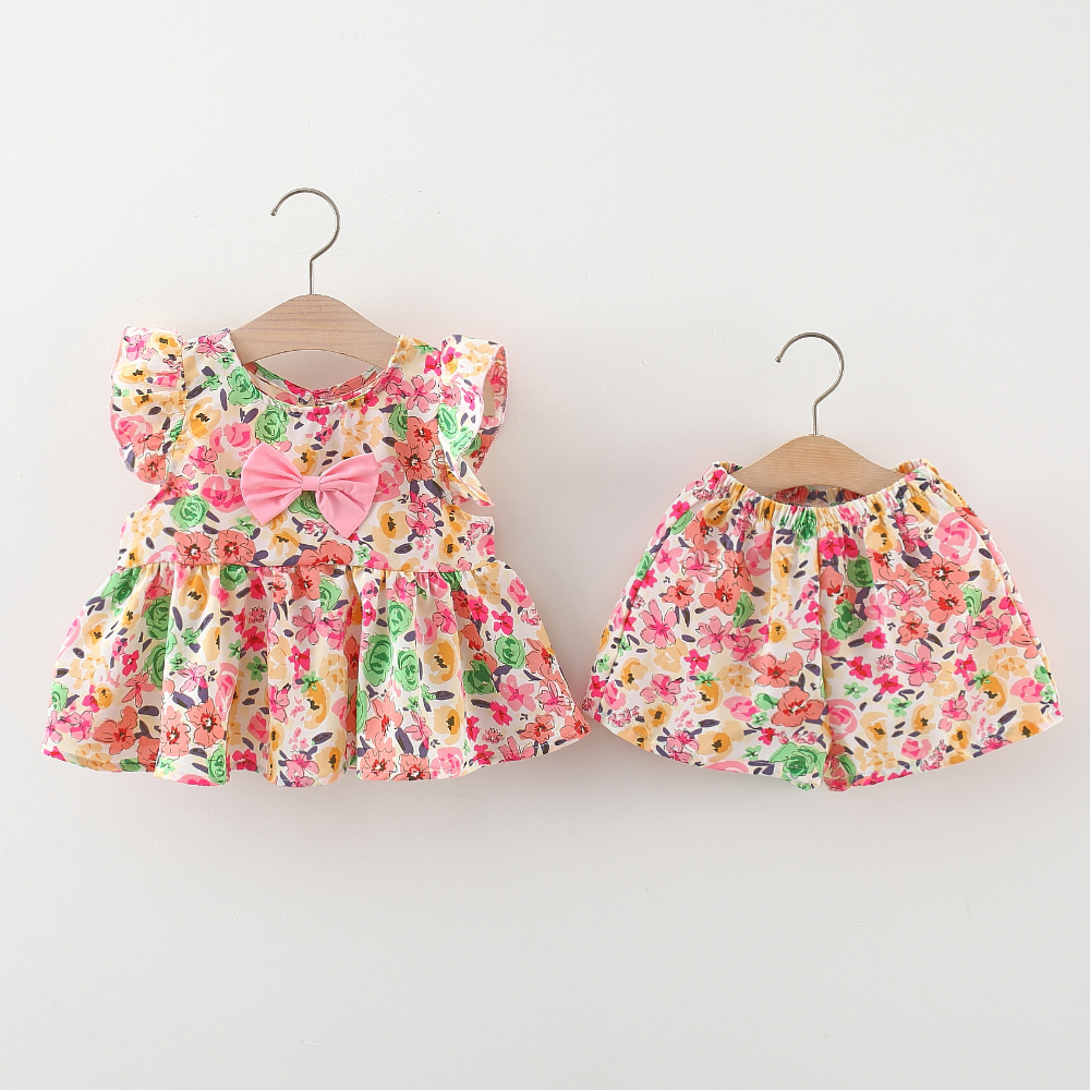 Baby Mädchen Kleidung Set Blume Gedruckt Bogen Top + Baumwolle Shorts Koreanischen Stil Kinder Kleidung_voghion.com