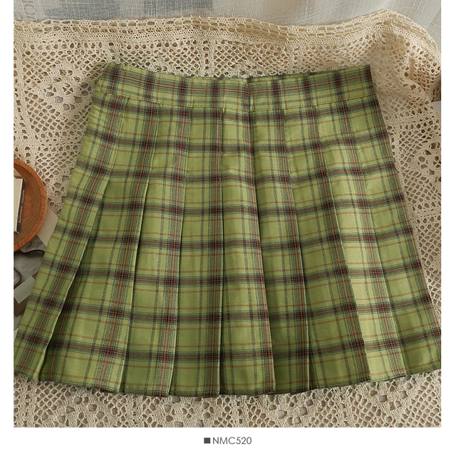 Gonna a pieghe a vita alta a quadri color caramella per donna, stile preppy, con minigonna morbida a quadri color caramella_voghion.com