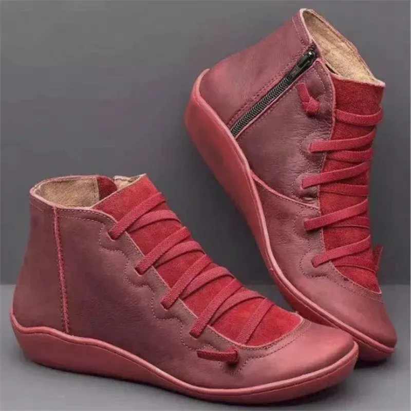 Women Autumn Retro Female Shoes Fashion Leather Ankle Flat Casual Lace Up Solid Color Short Boots atos De Mujer_voghion.com