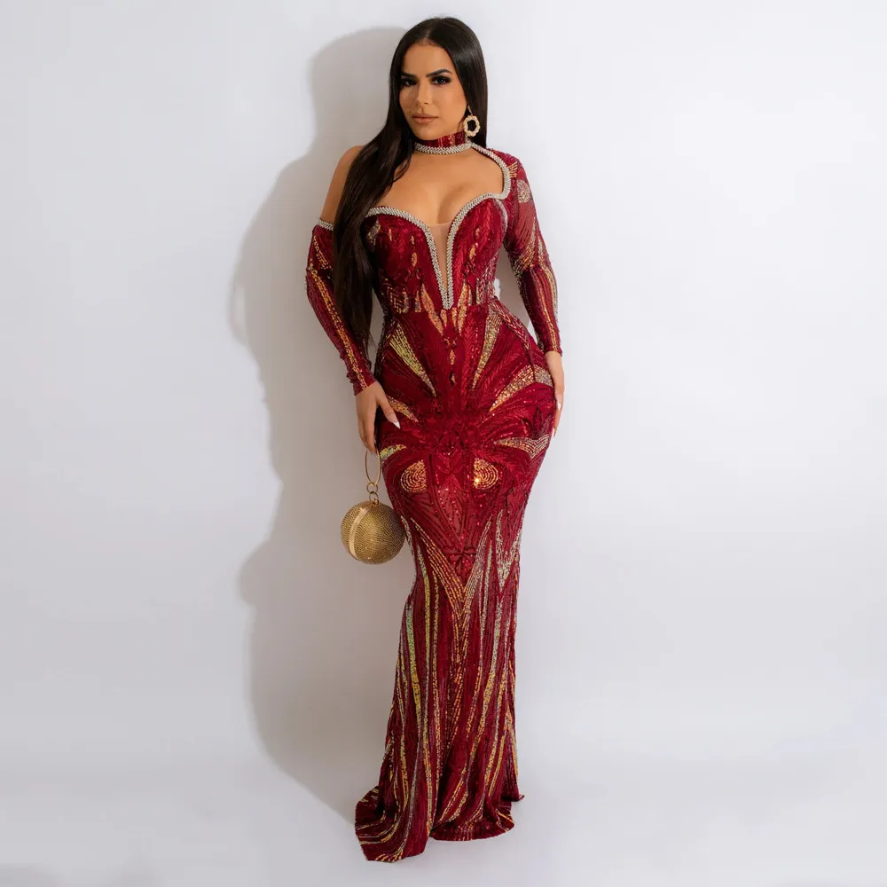Vestidos casuales IDress 2023 Vestido elegante de lentejuelas de diamante de perforación de calidad para mujer Vestido largo maxi ajustado para fiesta Club nocturno_voghion.com