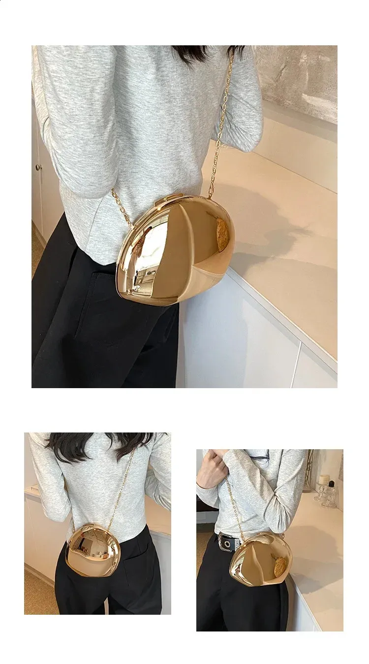 Akryl skallformet clutch gull sier kvinner kveldsfestveske søt skinnende metall skulder crossbody vesker liten veske_voghion.com