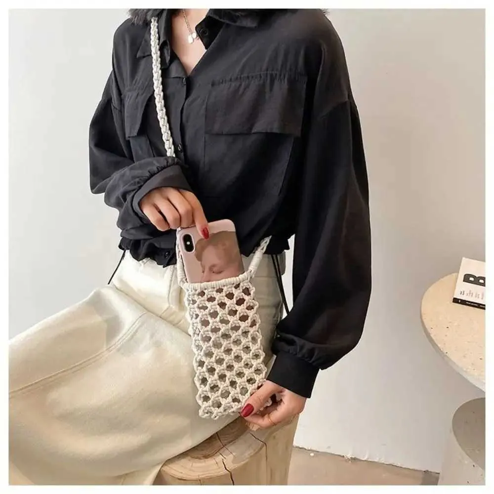 Women Fashion Small Crossbody Phone Bag Solid Color Hollow-out Woven Crochet Lightweight Braided Shoulder Handba241022_voghion.com