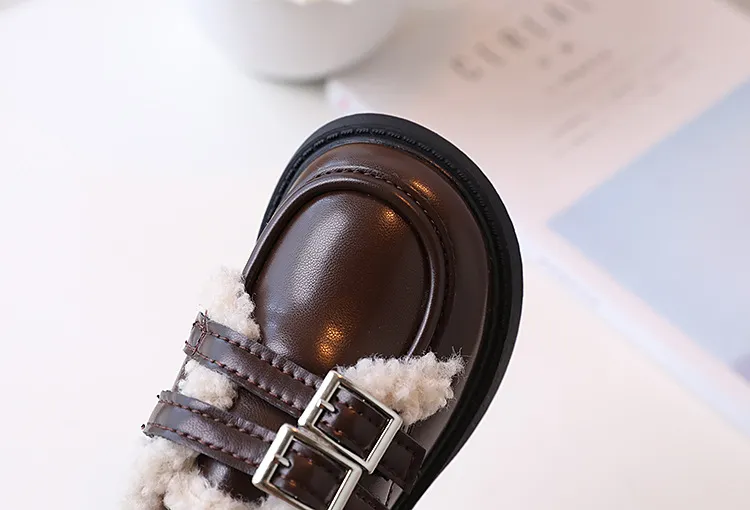 Children Leather Loafers For Boys Girls Winter Thick Soled Lamb Wool Warm Girl Uniform Princess School Cotton Shoes_voghion.com
