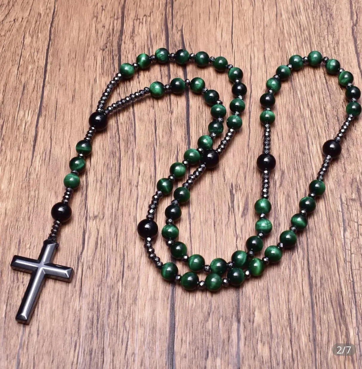 Colliers pendentifs en hématite pour hommes, croix, chapelet, collier de perles, crucifix, pour lui, père, bijoux religieux_voghion.com