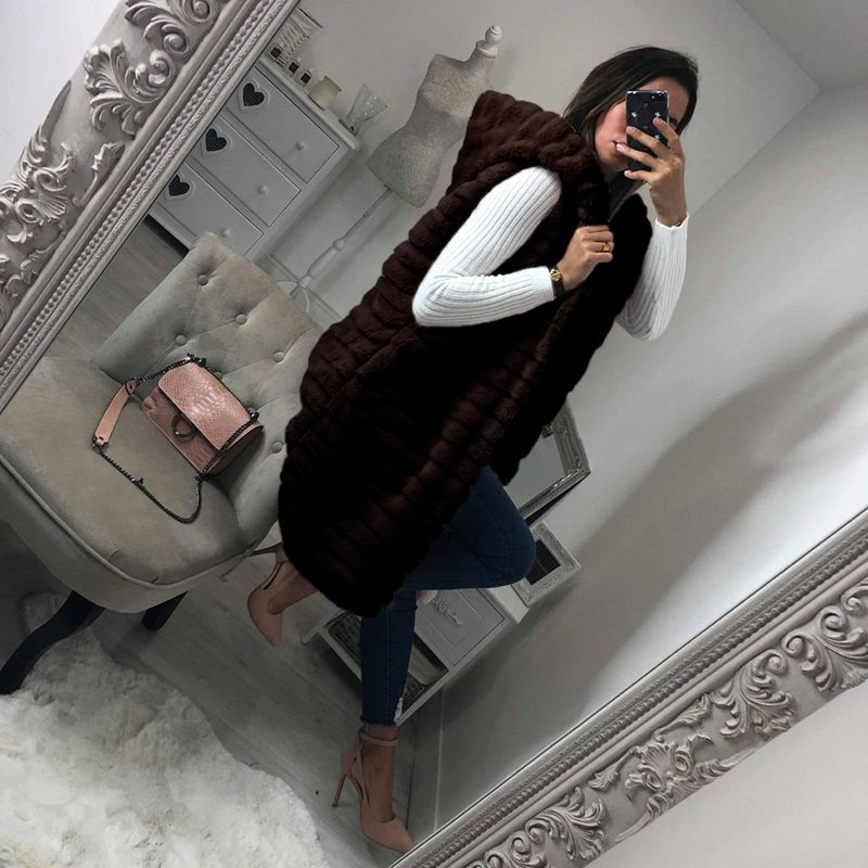 Large size women's rabbit mid-length  fur vest hooded coat_voghion.com