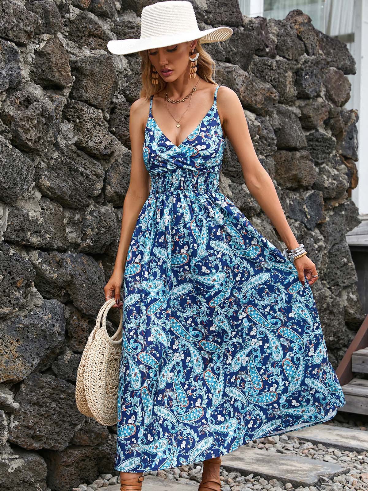 Women's Dress 2023 Summer Printed Suspender V-neck Waistband Women's Clothing_voghion.com