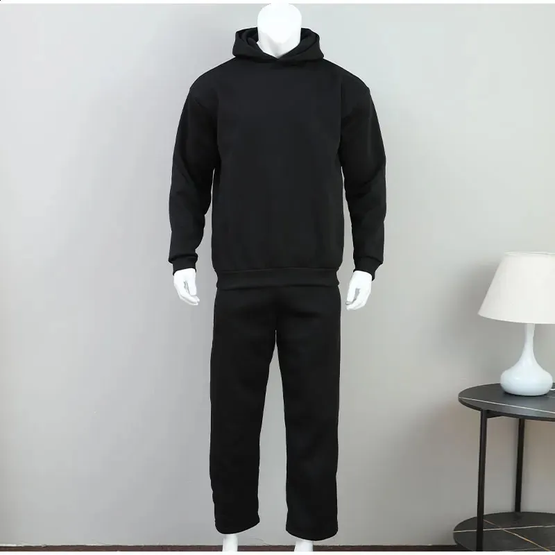 Casual Solid Couples Hooded Sweatshirt And Loose Sweatpants 2 Piece Suit Male Autumn Jogging Trousers Outfits Suits_voghion.com
