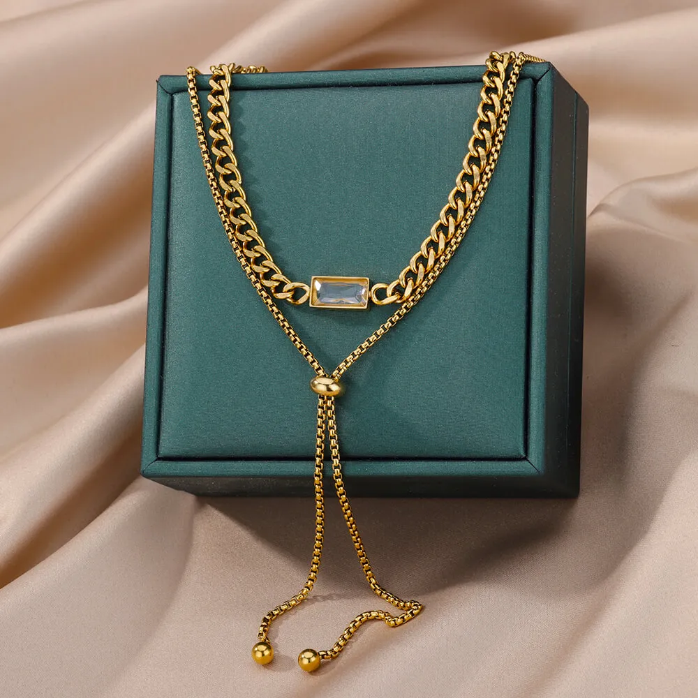 Collane con ciondolo in acciaio inossidabile, cristallo quadrato, zircone, per donna, collana girocollo a catena cubana multistrato, matrimonio_voghion.com