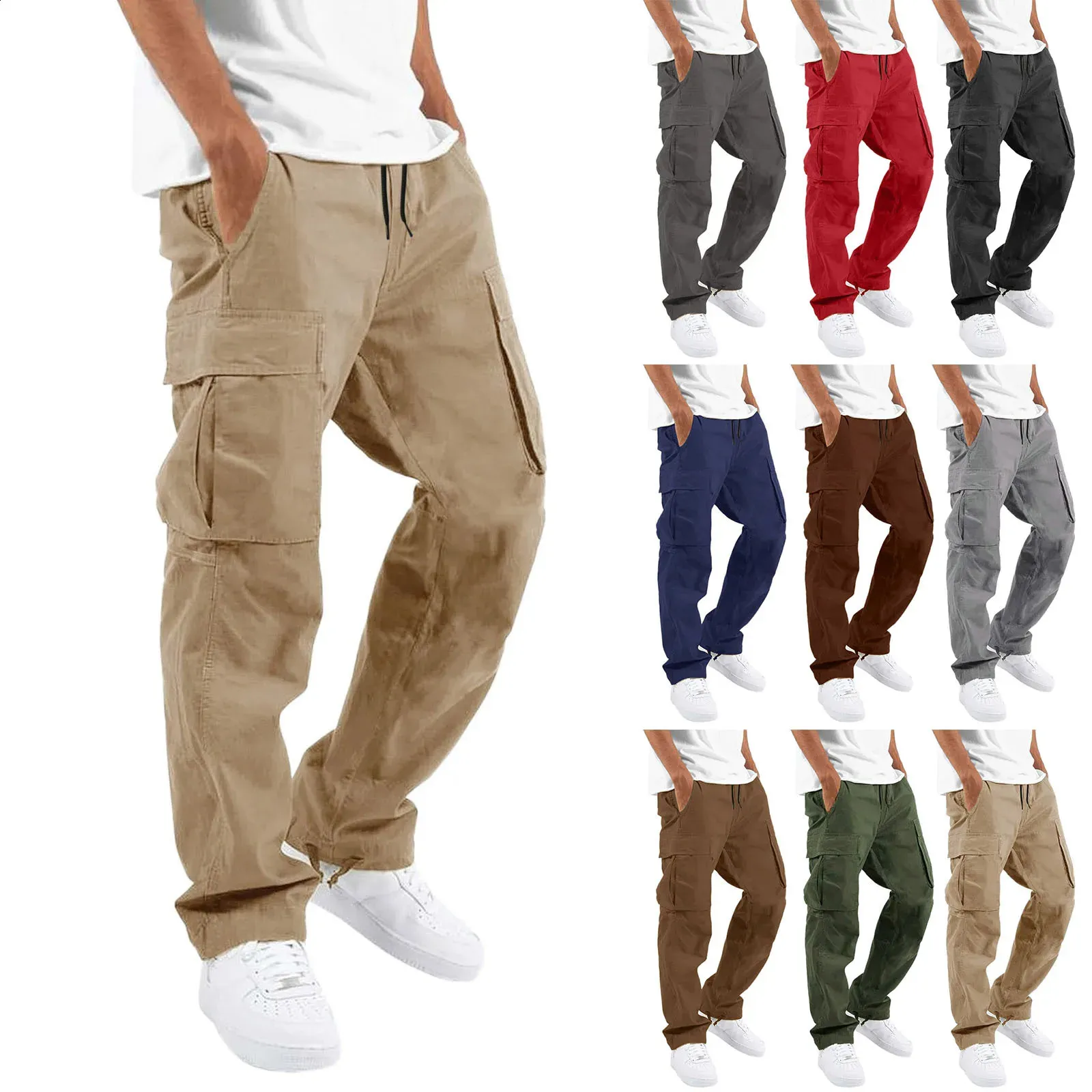 Calças para homens comprimento total cor sólida solta vários bolsos bolsos com cordão calças cargo masculinas 3XL 240813_voghion.com